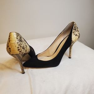 Enzo Angiolini / black suede and snake print pointed toe heels. Size 8.5